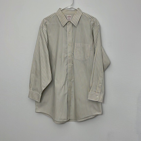 Brooks Brothers Men’s 17- 2/3 346 Non Iron Dress Shirt yellow blue striped - Picture 2 of 12